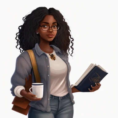 A black woman holding a coffee tumbler and two books from the front Cozy blush, navy blue, and white, causal shirt and jeans clipart png 4k, 8k