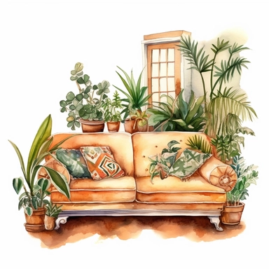 watercolor, hyper realistic, white background, white margins, 16k, ultra detailed clipart, cut out image, hand-drawn an illustration with a couch and plants, in the style of craftcore, website, luminous watercolors, aztec art, beige and amber