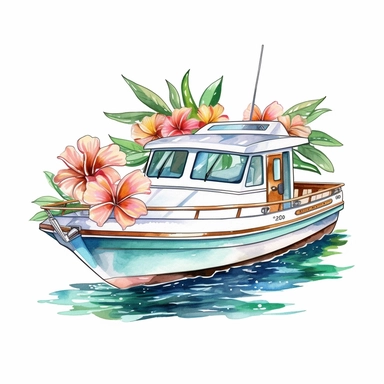 Pastel Cute Beautiful Hawaii Boat tropical flower Watercolor Sublimation Clipart,Cartoon, hyper realistic, intricate detail, illustration style,high solution,on the white background
