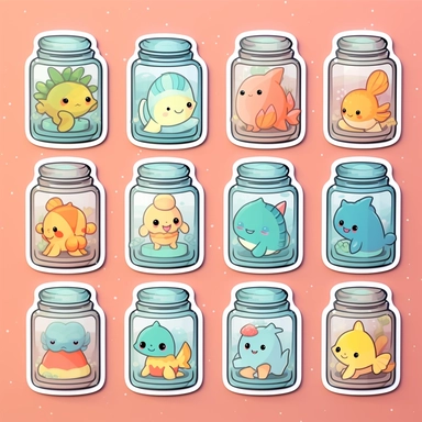 cute Aquarium jars sticker set, sticker pack, sticker sheet, character sheet, multiple stickers, Watercolor Clipart, chibi, simple, minimal art, hand-drawn, vector art, adorable, lovely, whimsical, cute and quirky, watercolor effect, bokeh, low-poly, retro aesthetic, 4K resolution, photorealistic rendering, using Cinema 4D