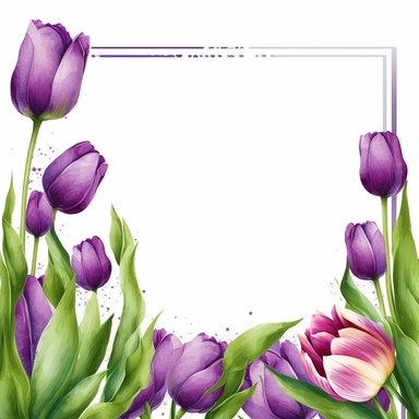 detailed vibrant watercolor rectangle purple tulip flower border with border line and with wide middle white space , isolated on white background, realistic, clipart