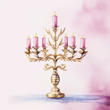 seven branched menorah, watercolor style light purple and light pink theme, clipart