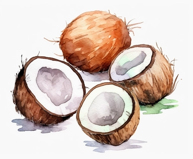 watercolor four coconut clipart, flat style, no volume, few details, washed out, minimalistic style, very lose details, very light colors, transparent colors, light airy hues and pastel tones, spaced out, white background, washed out colors and paint, hand-painted watercolor, watercolor paper with visible rough paper texture, a variety of watercolor brushes, do not cross workspace borders, rough watercolor paper texture on top