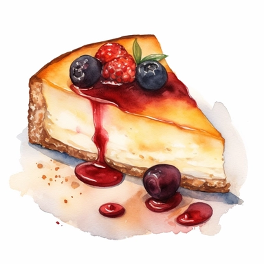 watercolour cheese cake, clipart on white background, no watermark, highly detailed, professional color gradation, clean sharpness
