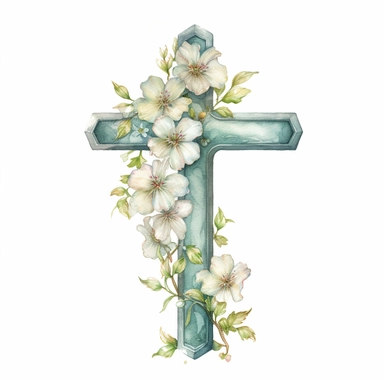 Watercolor sketch of floral cross, natural single design, highlydetailed, clipart style, white background, 8k