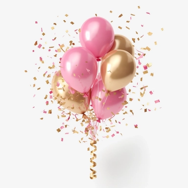 3d transparent birthday balloon filled in with pink in gold confetti, clipart, white background