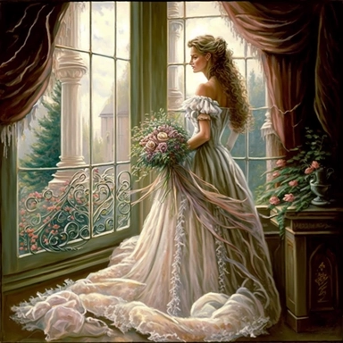 beautiful lady, very detailed, wearing beautiful flowing dress, standing by large victorian window, looking out the window, beautiful romantic bouquet of flowers, beautiful crystal ornate vase, sitting on table with decorative tablecloth, infront of large victorian window with beautiful flowing curtaings, soft colors, crisp colors, ribbon, very detailed, fantasy, romantic, clipart style