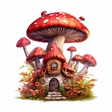 clipart, shades of red and brown fairy mushroom house isolated on a white background, intricate details, vector, pastel colors, realistic, 3D, no shadows