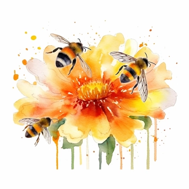 Create a charming watercolor clipart of bees and flowers. The scene should include several bees buzzing around a variety of vibrant flowers, collecting nectar. The style should mimic that of a watercolor painting, with soft edges, subtle color blending, and the characteristic transparency of the medium. Use a digital rendering technique that mimics the effect of a watercolor brush on a textured paper. The lighting should be soft and diffused, as if it's a sunny day. The colors should be bright a