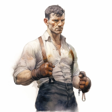 A beautifully illustrated victorian pulp fiction male fighter in varying hues ,wearing boxing gloves and muscular, muscles, octane render, hyperrealistic, stunningly handsome, refined and sophisticated, Hand drawn, roberto ferri ,realistic watercolor, Clipart, watercolor, white background, intricate detail