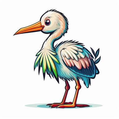A clipart for kids with a cute baby stork animal motif in frontal view on white background. The animal motif is depicted in bold colors