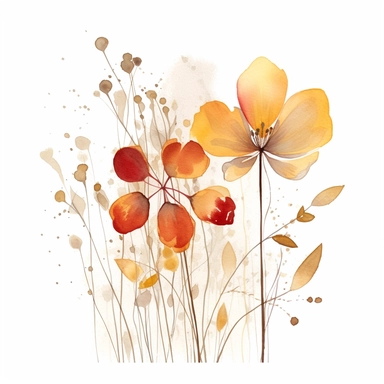 a kimo with an abstract watercolor clipart of vintage red, brown and yellow flowers, on isolated pure white background flowers and foliages should be spread apart, dont centralize stems of plants and spread the foliage out in a sqare format in the style of lucy grossmith, minimalist nature studies, white and amber, mandy disher, detailed botanical illustrations, ready-made, winslow homer