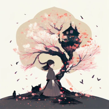 in the style of Ryo Takemasa, xuan loc xuan, Lisa Audit, Anastasia Suvorova, Jon Klassen, greg tocchini, single lady under sakura tree at night, fantasy, limpid, magical, mysterious, white background, vector, clipart, elaborate, ultra-detailed, best quality illustration, vibrant colors, high definition, UHD