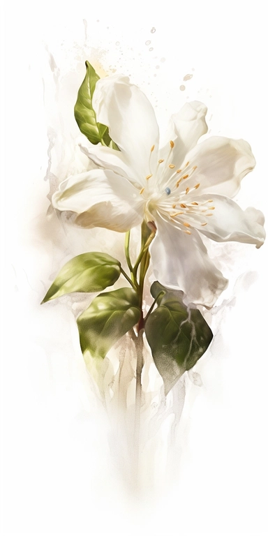 Watercolor Painting of SINGLE STEAM Jasmine FLOWER on white background beautiful multi - headed pale, Flora Design Patterns, Flemish Baroque by Rachel Ruysch, Behance, Rococo, Intricate Detailed, Soft Light Effect, Oil Paint Strokes, Light Academia Aesthetic Flowers, Lighting cinematic, all shown shimmering stamens, tyndall light, light effect, texture, colorful, 8k, fantasy, ray tracing, depth of field, vivid, spectacular lighting, octane rendering, highly detailed, ultra - realistic, white bac