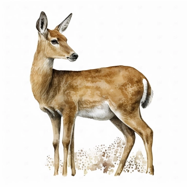 whitetail deer watercolor, no antlers, female deer, doe, without antlers, brown color, hand-painted, clipart, single design, white background, no text