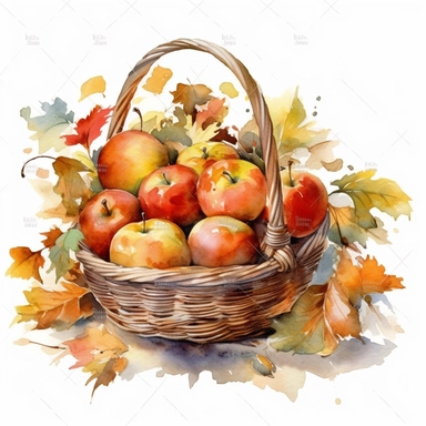 Basket with apples, autumn leaves, watercolor, clipart, white background no watermarks