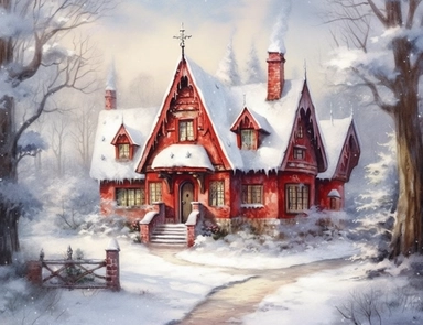 stunning red fairytale Christmas cottage in snow , beautiful Christmas clipart, soft faded colors, beautiful watercolor art by Marjolein Bastin, Thomas Kinkade, Carl Larsson, Norman Rockwell, Susan Wheeler