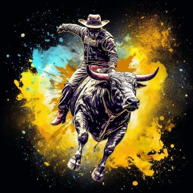 Cowboy bull ride rodeo illustration, nebular mix background, black and yellow color, clipart, photorealistic illustration, watercolor, high detail, 8k polished, 8k, vibrant colors, sticker, majestic, die cut, black background