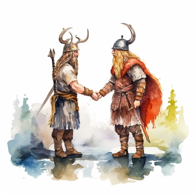 two vikings greeting each other on land watercolor clipart