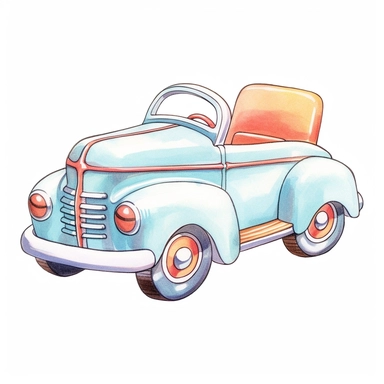 Vintage Hand painted pastel clipart of a pull along toy car in the style of vintage nursery kitsch Lefton, retro midcentury 1950’s, white background, contour