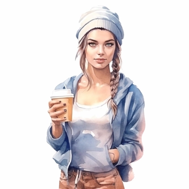 watercolor style, a beautiful girl in casual clothes holding a paper cup of coffee, realistic colors, realistic image. Clipart, isolated on white background, 4K