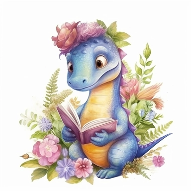 High resolution, cute girl dinosaur for kids book with spring flower, watercolor clipart, completely white background