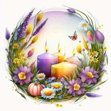 A beautifull Easter candles and eggs lying on the grass,daisies and lavenders,a sunny day, a lively and coloured landscape, watercolour effect, Suitable for Digital Clipart , White Background, fantastic scene , Kids storybook style, detailed , ultra realistic , in a flowering circle frame