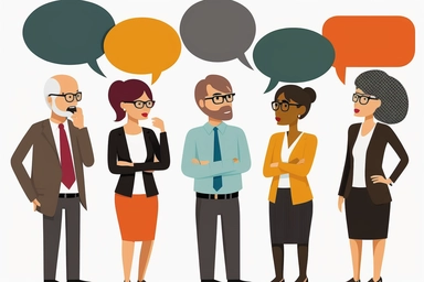 5 separated well defined clipart office people discussing with small empty speech bubbles, all genre age ethnicity including senior, isolated on white background, flat design