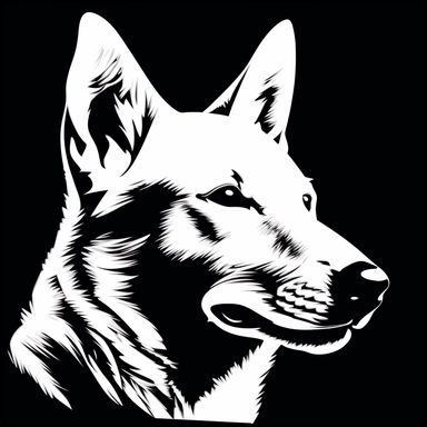 the image of a white Canaan Dog on black is shown, in the style of stencil art, heavy outlines, flickr, hard edge, sculpted, woodcut, clipart cut file cuttable cricut vector