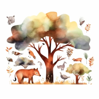 simplified African safari tree clipart, simple shapes, no lines, no outlines, clipart most popular on etsy, featured on dribble, minimalist, computer vector graphic design clip art, watercolor illustration clipart, watercolour clipart, watercolor illustration for kids and children, book illustration, print on demand image, PNG transparent background