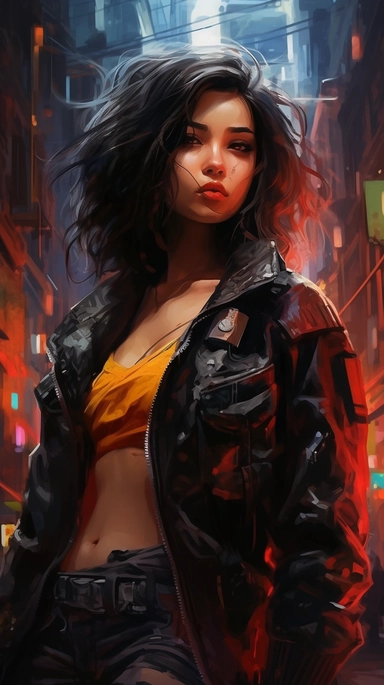 beautiful stunning pretty vintage cyberpunk anime girl, paint art style, clipart, city landscape background, superrealistic, one of a kind