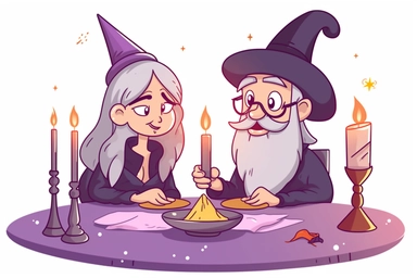 Cute Wizard on a magical candlelight dinner date with Cute Witch Clipart, on white background, spaced out, RGB, Romantic, Wizardcore, Witchcore, Multiverse, Ultra HD, hyperdetailled