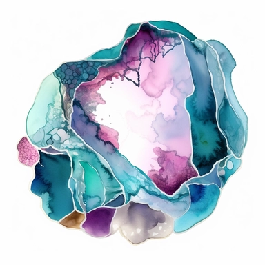 sea glass geode, alcohol ink, shades of aqua blue and pink, glamorous , white background with margins, Clipart style