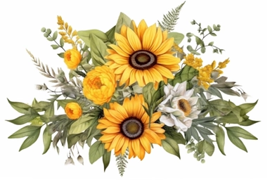 Sunflower and eucalyptus leaves bouquet. Watercolor floral clipart. Yellow flowers for rustic wedding design, thanksgiving decoration, fabric, greeting cards. Isolated on transparent background