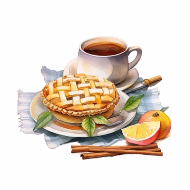 Watercolor illustration of a pie, tea and leaves, in the style of white and amber, knitted and crocheted, handcrafted objects, spiral group, cabincore, smooth and shiny, konica big mini , style by Lucy Fleming, watercolor, smooth gradients, black contour outline, ultra detailed, clipart elements, delicate pastel colors, solid white background, super clear, high quality