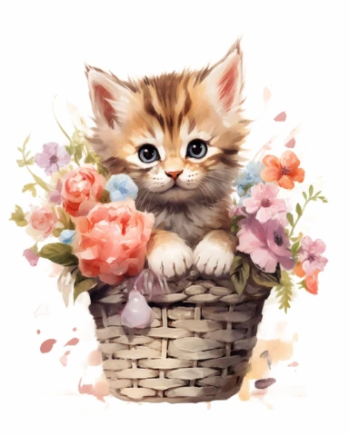 detailed watercolor Kitten in basket with flowers on head , realistic, isolated on a white background, clipart