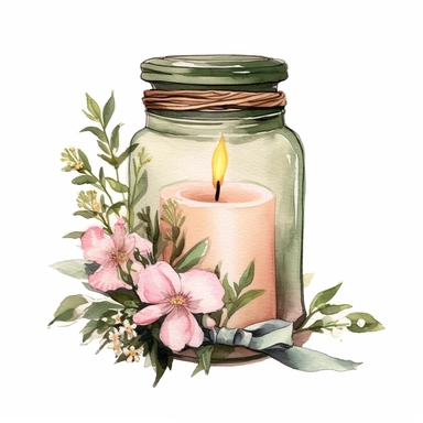 watercolor, hyper realistic, white background, white margins, 16k, ultra detailed clipart, cut out image, hand-drawn A vintage-style clipart featuring a scented candle jar, exuding a warm glow and emitting a fragrant aroma.Use soft and muted colors such as dusty rose, antique gold, lavender, and sage green for a vintage-inspired palette.
