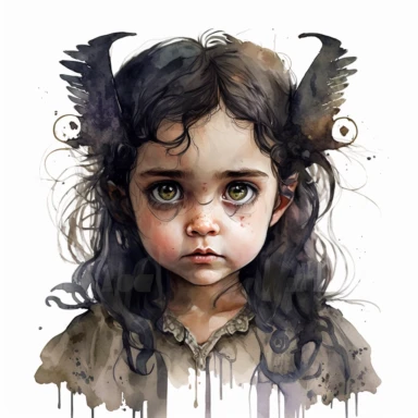 boho little girl, big eyes, maleficent , pose, very detailed and realistic, watercolor, white background with margins, clipart style,
