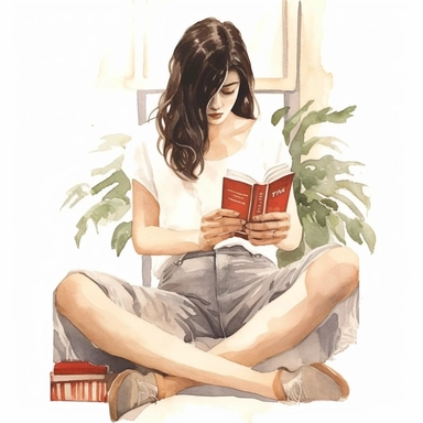 girl reading, legs crossed, sitting on rooms floor, plants around, pastel colors, light watercolor, few details, dreamy, Studio Ghibli, clipart, white background