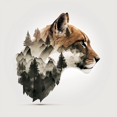 double exposure shot, profile of a Cougar head filled with mountains forest landscape,white gray tawny black fur, character design, half realisitic with intricate details half geometric, clipart isolated on white background