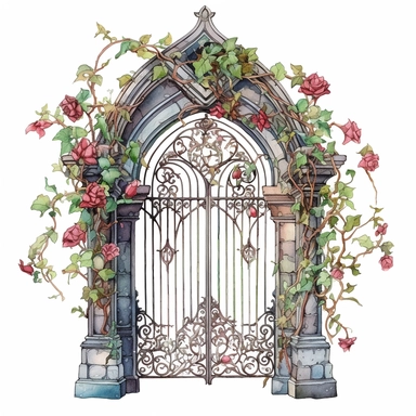 An iron gothic gate entwined with climbing roses and thick vines clipart, white background, watercolor drawing