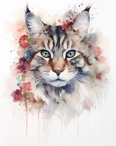 Watercolor Painting of Norwegian Forest cat head on white background good anatomy, DETAILED ILLUSTRATION, Flora Design Patterns, Flemish Baroque by Rachel Ruysch, Behance, Rococo, Intricate Detailed, Soft Light Effect, Oil Paint Strokes, Light Academia Aesthetic Flowers, Lighting cinematic, all shown shimmering stamens, tyndall light, texture, colorful, 8k, fantasy, ray tracing, vivid, spectacular lighting, octane rendering, highly detailed, ultra - realistic, white background, clipart