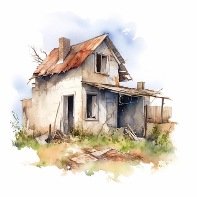 watercolour small broken and abandoned house, clipart on white background, no watermark, highly detailed, professional color gradation, clean sharpness