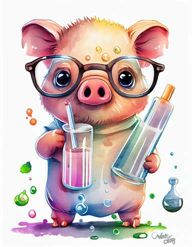 detailed watercolor kawaii pig with eyeglasses wearing a lab gown holding a test tube with chemicals, facing front, isolated on a white background, clipart