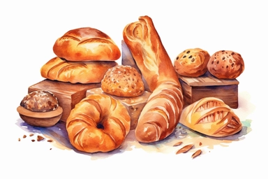 Watercolor, Bread, Baked goods, clipart, hd, on a white background, spaced out