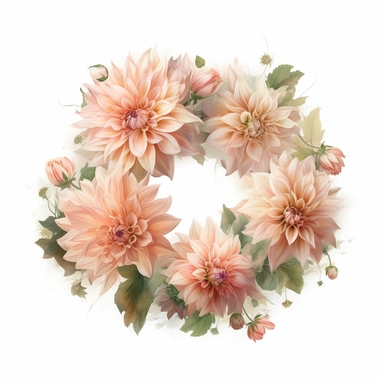 a simple gorgeous A wreath made with creamy peachy-light pink Café Au Lait Dahlia flowers and greenery on white background clipart, watercolor painting realistic, high quality, vibrant, Vicente Romero Redondo, Willem van Aelst