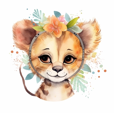 CLIPART, cute, boho, watercolor, isolated funny safari baby's face animal illustration