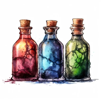 3 witch potion bottles lined up, watercolor, clipart, white background, in the style of necronomicon illustrations, sketchfab, dark spooky colors, realistic detailed illustrations, dirty, horror
