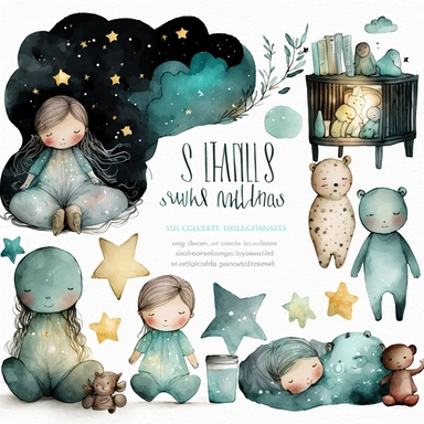 a watercolor clipart set, separated elements, collection of bedtime stories in a watercolor, multiple elements collection, in the style of the stars art group (xing xing), light turquoise and dark brown, whimsical collors scheme, free brushwork, transparent/translucent medium, dao trong le, sopheap pich, children's book illustrations, aquarellist, super cute kawaii illustrations
