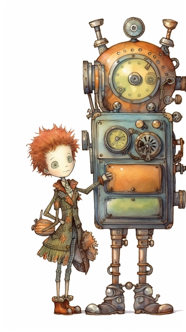 watercolor steampunk robot clock entire body with a steampunk suitcase by his side and holding a cute steampunk doll in her arms, illustration clipart by holly hobbie and mary engelbreit
